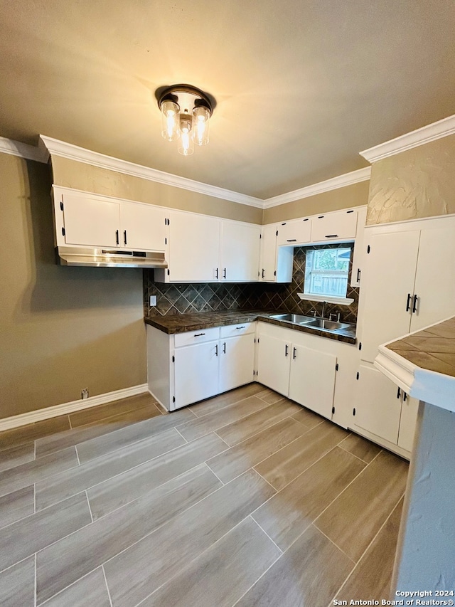 kitchen featuring white cabinets, tasteful backsplash, and crown molding