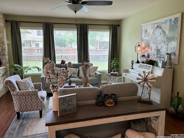 living room featuring dark hardwood / wood-style floors and ceiling fan