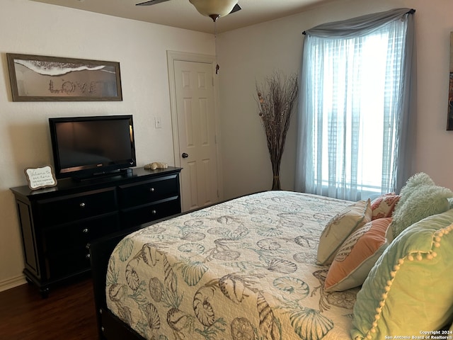 bedroom with dark hardwood / wood-style flooring, ceiling fan, and multiple windows