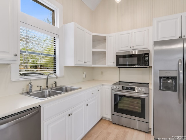 kitchen featuring white cabinets, appliances with stainless steel finishes, sink, and light hardwood / wood-style flooring