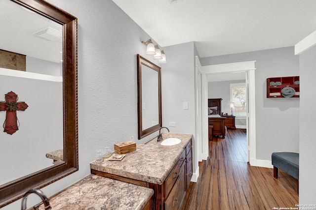 bathroom featuring wood-type flooring and vanity with extensive cabinet space