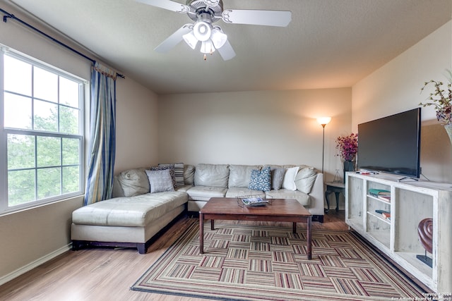 living room featuring light hardwood / wood-style floors and ceiling fan