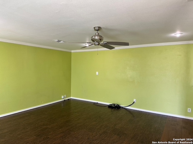 unfurnished room featuring wood-type flooring, ceiling fan, and ornamental molding