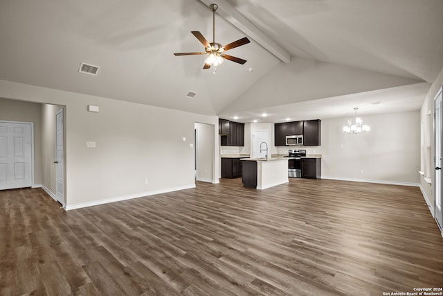 unfurnished living room featuring high vaulted ceiling, ceiling fan with notable chandelier, beamed ceiling, dark hardwood / wood-style floors, and sink