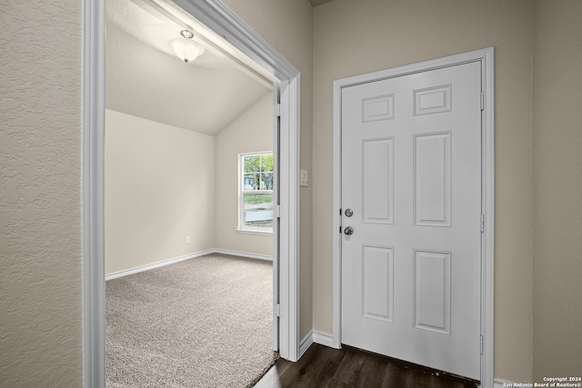 foyer entrance with vaulted ceiling and dark wood-type flooring