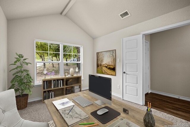 unfurnished bedroom with lofted ceiling with beams and carpet floors