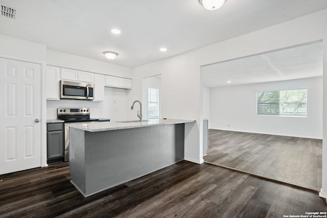 kitchen featuring dark hardwood / wood-style floors, sink, white cabinets, appliances with stainless steel finishes, and light stone countertops