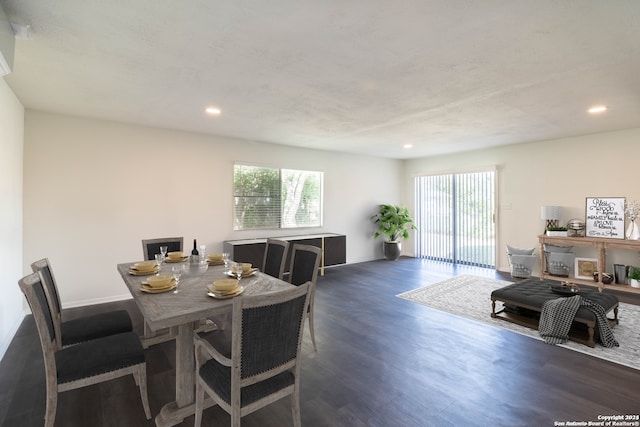 dining space with dark wood-type flooring