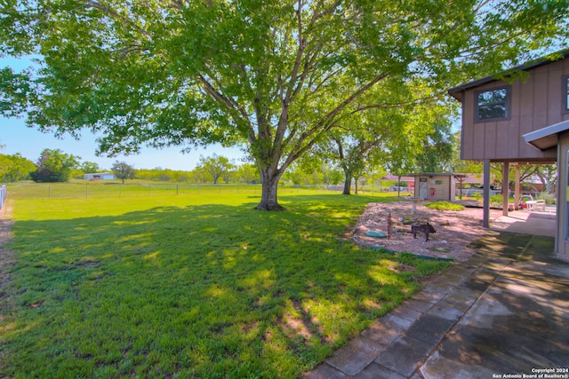 view of yard featuring a patio area and an outdoor structure