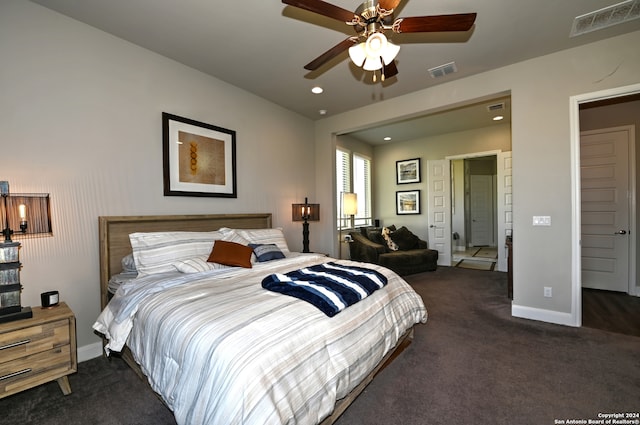 bedroom featuring ceiling fan and dark colored carpet