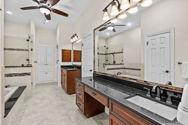 bathroom with independent shower and bath, double vanity, tile flooring, and ceiling fan