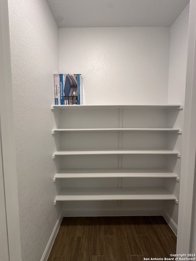 walk in closet with dark hardwood / wood-style flooring