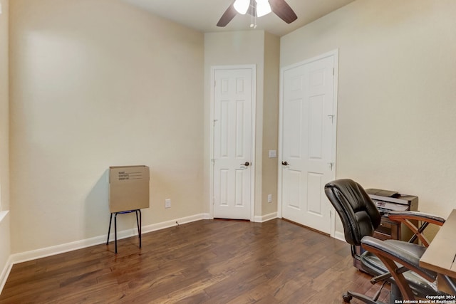 office space featuring ceiling fan and dark wood-type flooring