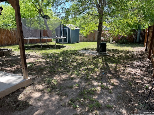 view of yard featuring a storage shed and a trampoline