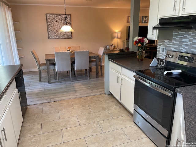 kitchen featuring pendant lighting, light tile floors, stainless steel electric range oven, tasteful backsplash, and white cabinets