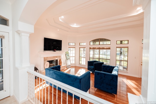 living room featuring a raised ceiling and light hardwood / wood-style floors