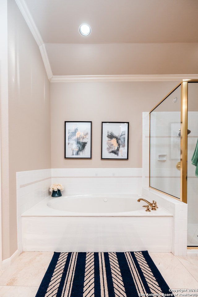 bathroom with shower with separate bathtub, tile floors, and crown molding