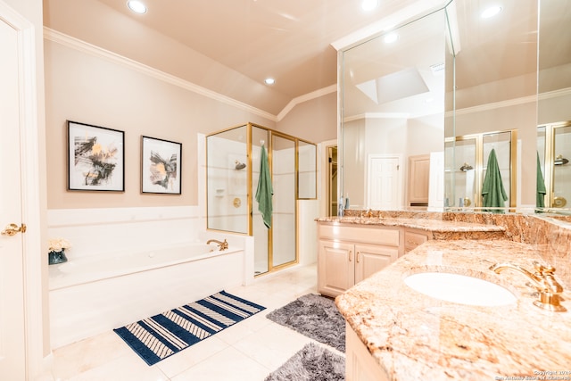 bathroom featuring tile floors, double vanity, ornamental molding, and separate shower and tub