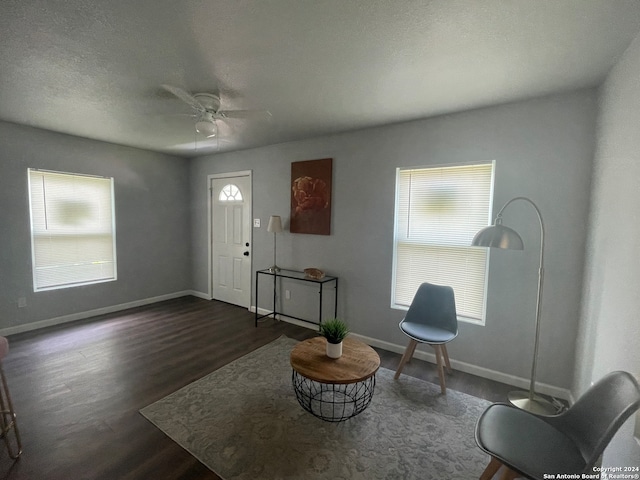 living area with dark hardwood / wood-style flooring, ceiling fan, a textured ceiling, and a wealth of natural light