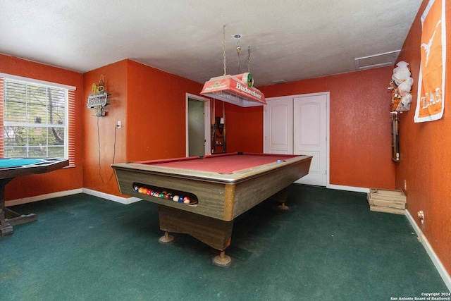 playroom featuring billiards and dark colored carpet