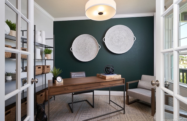 office space featuring french doors and ornamental molding