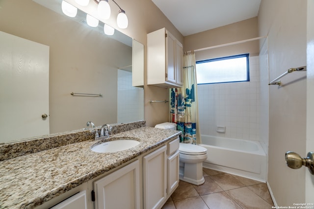 full bathroom with vanity, shower / bathtub combination with curtain, toilet, and tile flooring