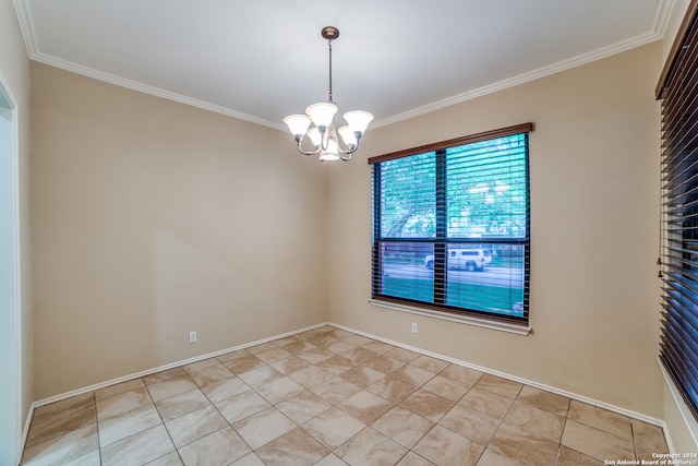 empty room with ornamental molding, light tile floors, and an inviting chandelier