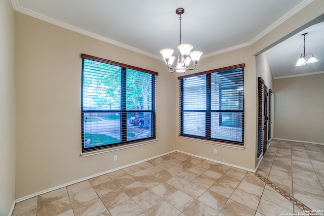 empty room featuring a wealth of natural light, an inviting chandelier, and light tile floors