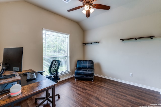 office area featuring ceiling fan, lofted ceiling, dark wood-type flooring, and a healthy amount of sunlight