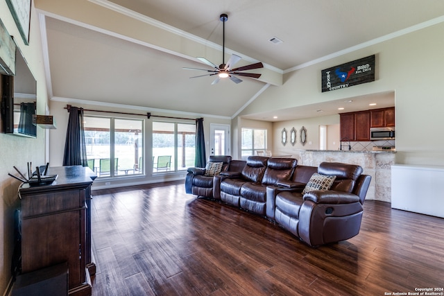 living room with ceiling fan, crown molding, sink, and dark hardwood / wood-style floors