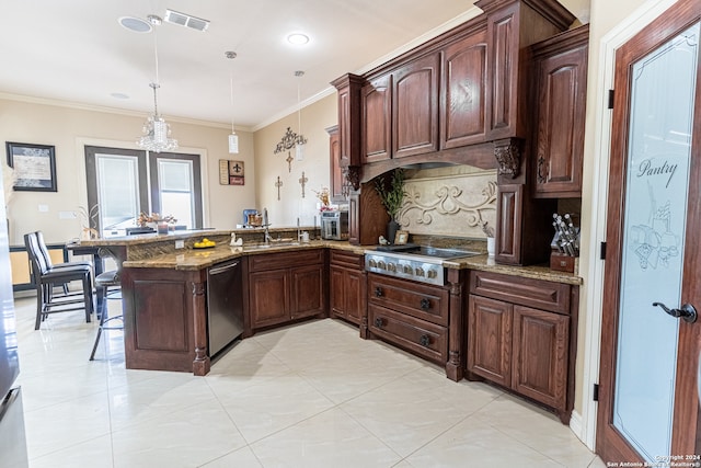 kitchen with appliances with stainless steel finishes, pendant lighting, light tile floors, a kitchen breakfast bar, and stone countertops