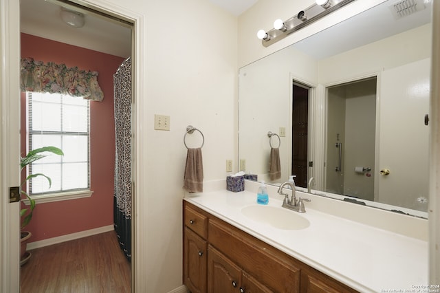 bathroom with wood-type flooring and vanity