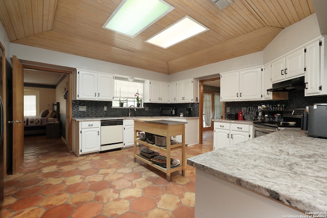 kitchen with stainless steel electric stove, white cabinets, white dishwasher, and wood ceiling