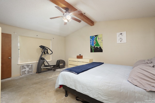 bedroom featuring ceiling fan and vaulted ceiling with beams