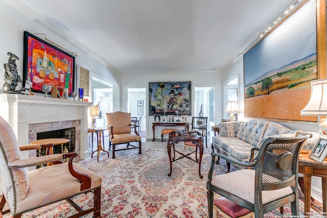 living room with a fireplace and crown molding