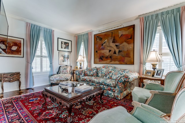 living room with ornamental molding and hardwood / wood-style floors