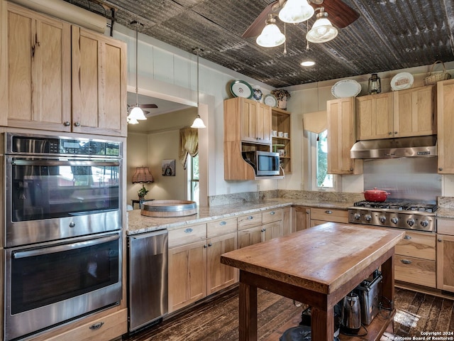 kitchen with pendant lighting, ceiling fan, light stone counters, dark hardwood / wood-style flooring, and stainless steel appliances