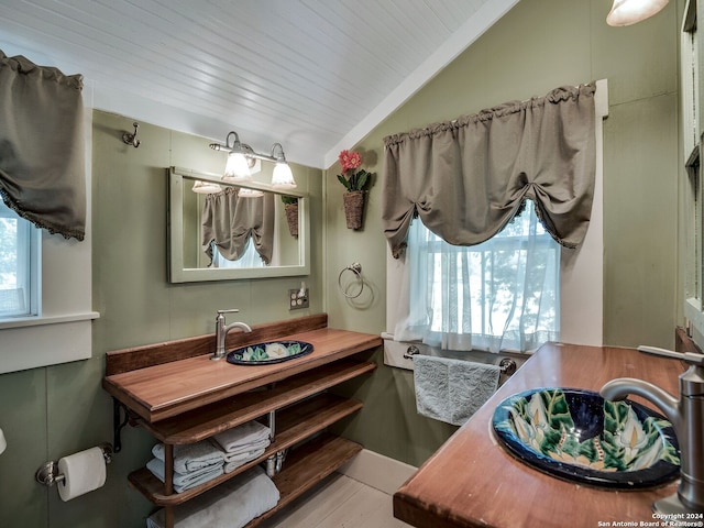 bathroom with vanity and lofted ceiling