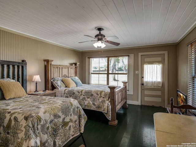 bedroom with wooden ceiling, ceiling fan, and dark wood-type flooring