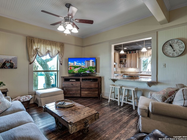 living room with dark hardwood / wood-style floors and ceiling fan