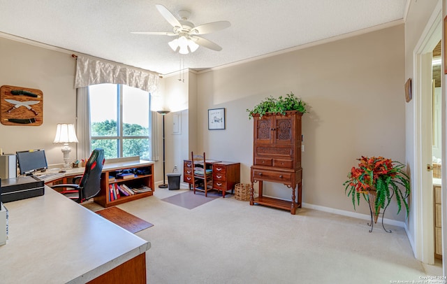 carpeted office space with ornamental molding, a textured ceiling, and ceiling fan