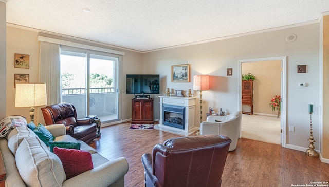 carpeted living room with crown molding