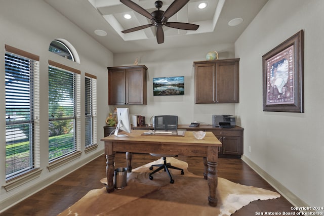 office area featuring a tray ceiling, ceiling fan, and dark hardwood / wood-style flooring