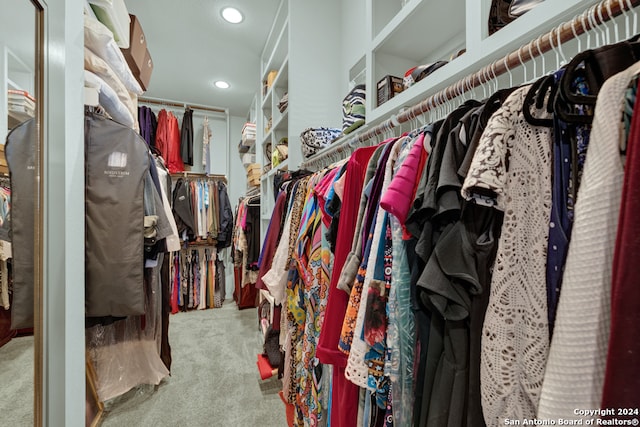 walk in closet with light carpet