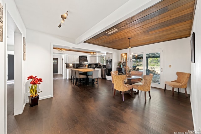 dining area featuring dark hardwood / wood-style flooring, a chandelier, and beamed ceiling