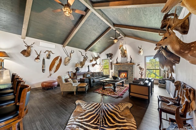 living room with beamed ceiling, high vaulted ceiling, ceiling fan, dark hardwood / wood-style floors, and a fireplace