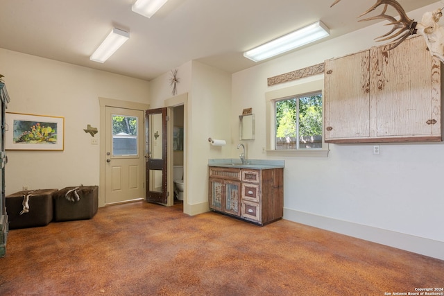 interior space featuring dark colored carpet, sink, and a healthy amount of sunlight