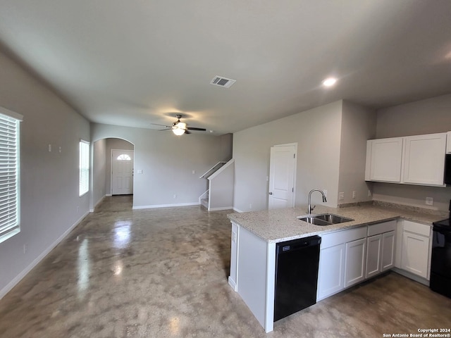 kitchen featuring ceiling fan, kitchen peninsula, white cabinets, dishwasher, and sink