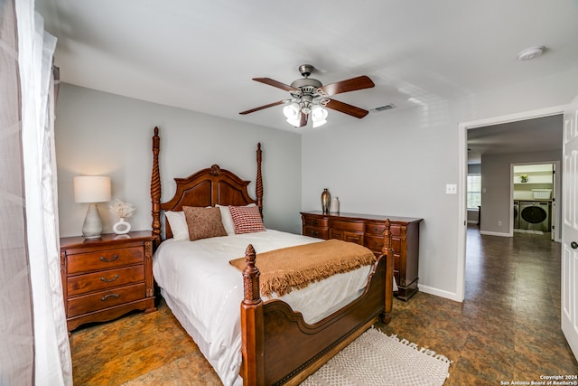 tiled bedroom featuring ceiling fan