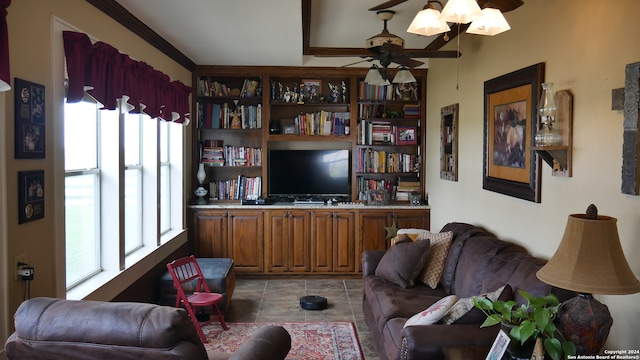 living room with ceiling fan and light tile floors